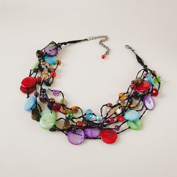 Premier Designs Bright Colorful Shell Glass Beaded Cord Funky Statement Necklace - Picture 2 of 12